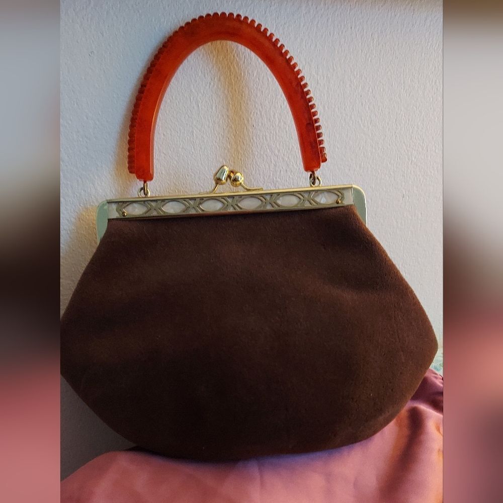 Vintage Roos Bros California Brown  Purse Bakelite Handle - Picture 2 of 15